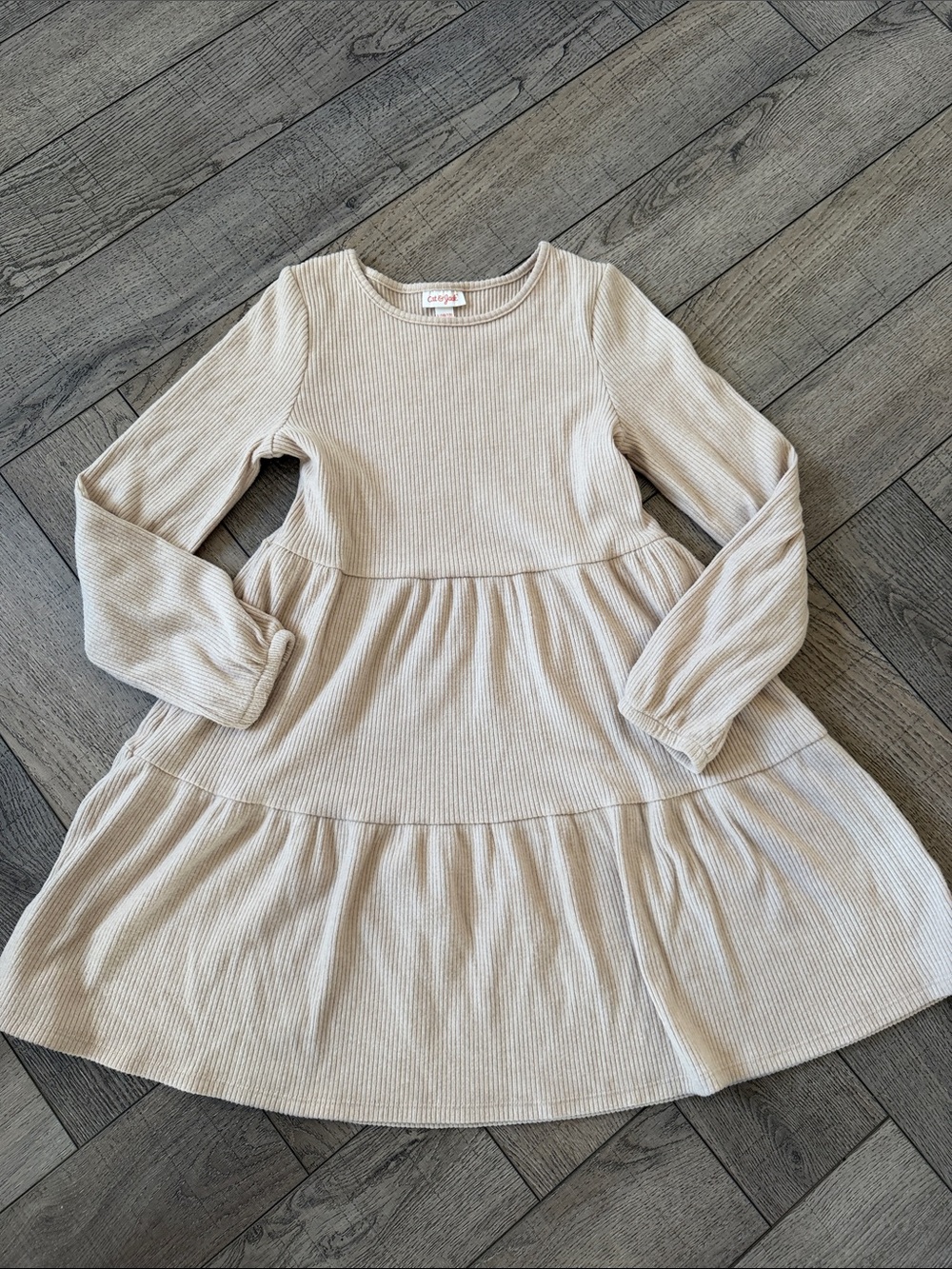 Cat & Jack Beige Ribbed Tiered Long-Sleeve Dress